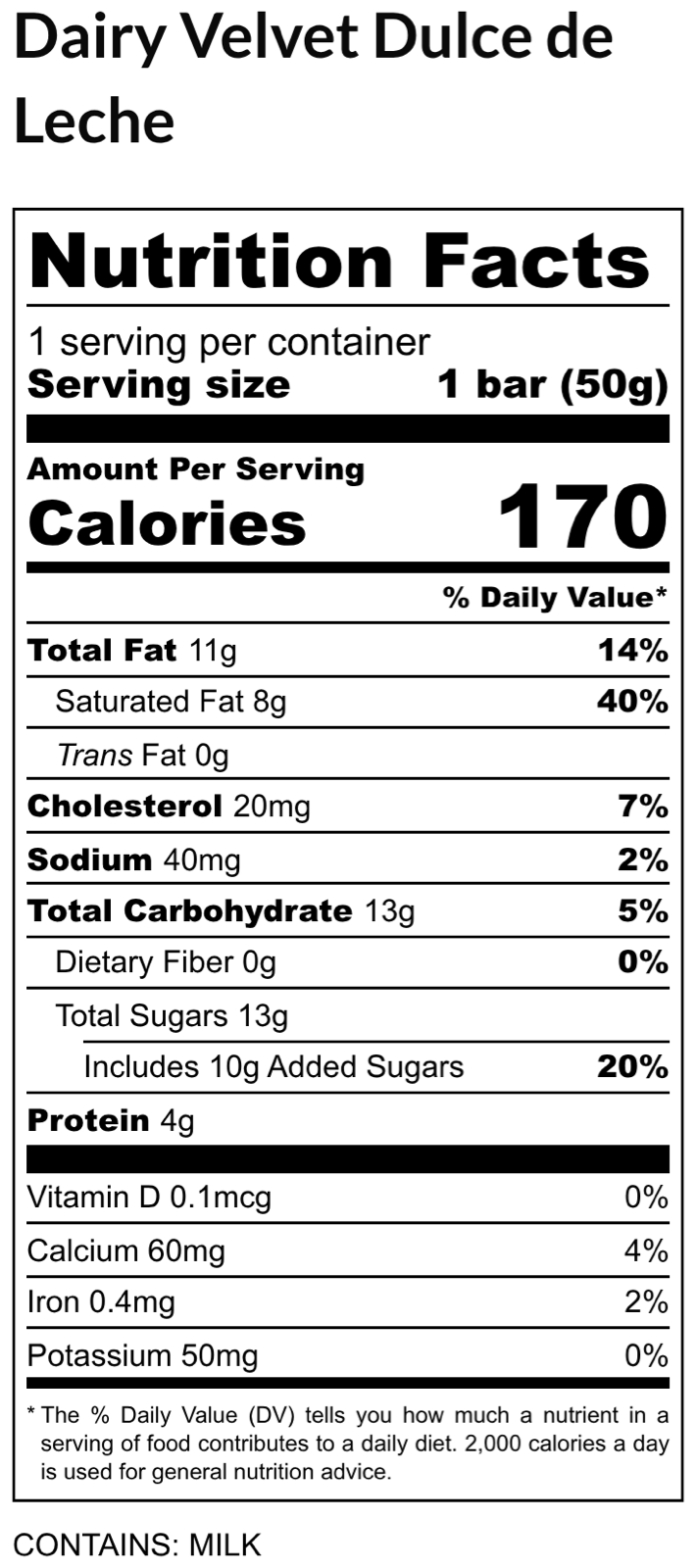 Dairy Velvet Dulce de Leche Nutrition Facts